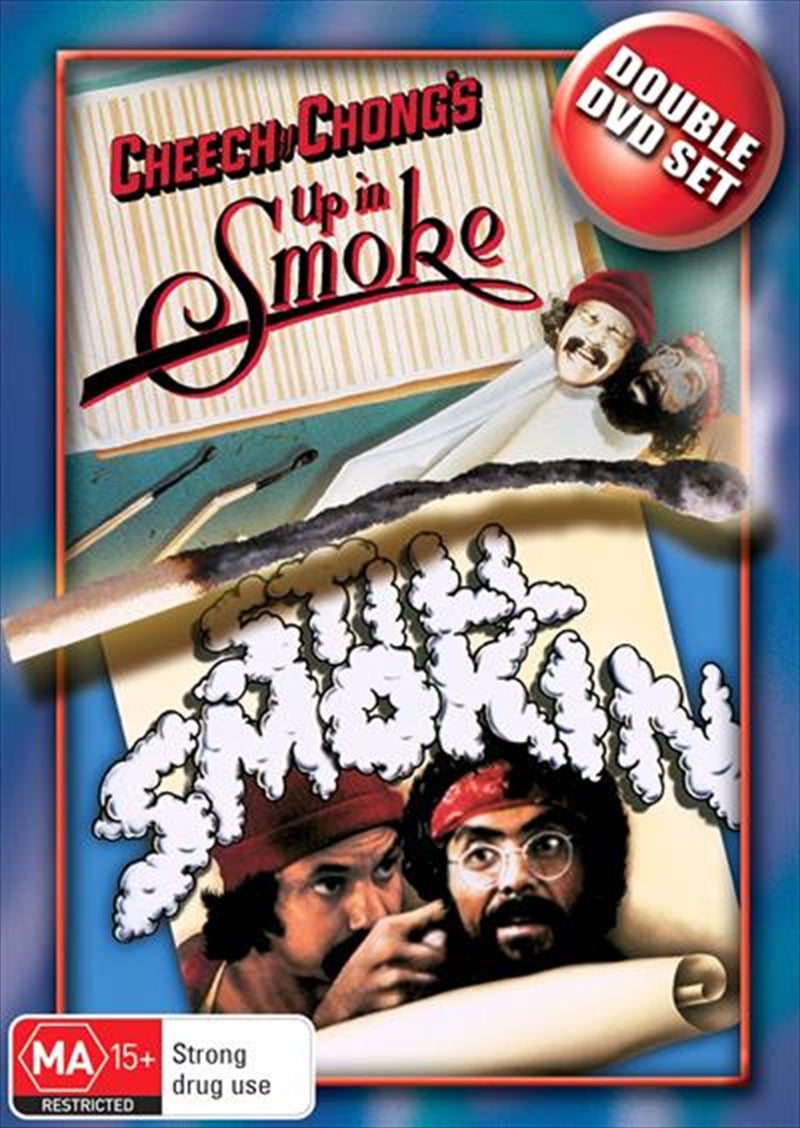 Cheech and Chong's Up In Smoke and Still Smokin' DVD cover featuring iconic characters and vibrant colors.