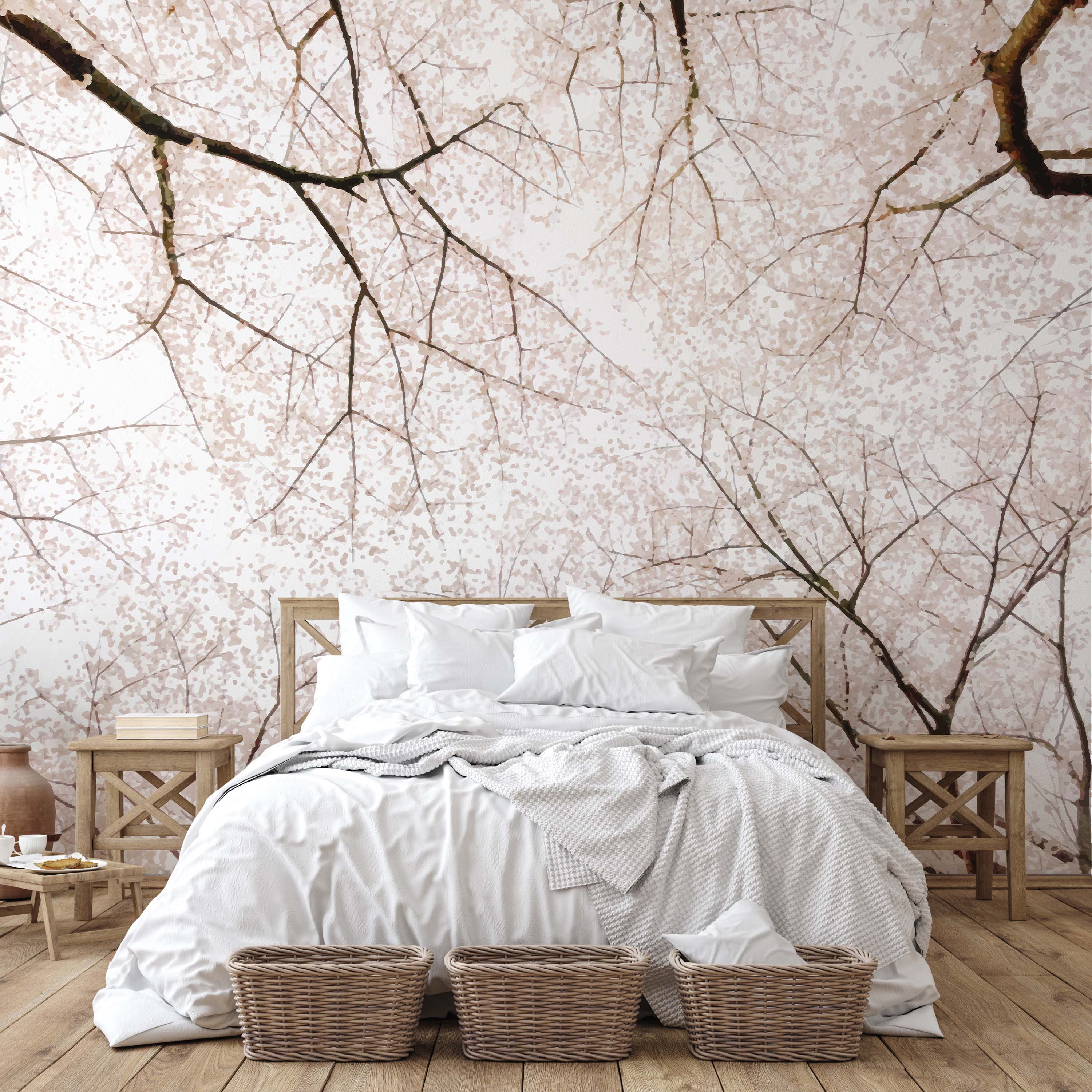 A beautiful cherry blossom mural showcasing vibrant pink flowers on a tree, perfect for home decor.