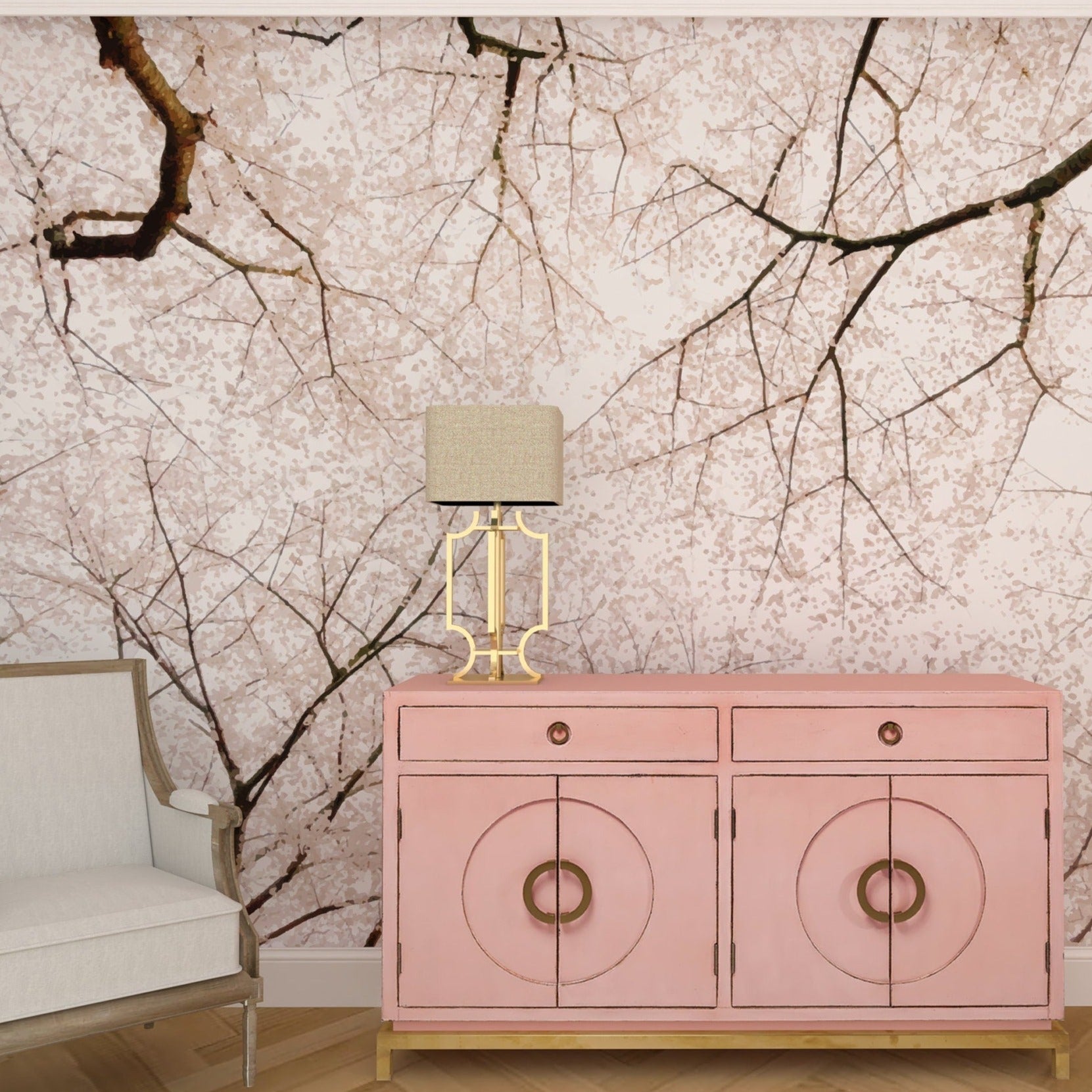 A beautiful cherry blossom mural showcasing vibrant pink flowers on a tree, perfect for home decor.