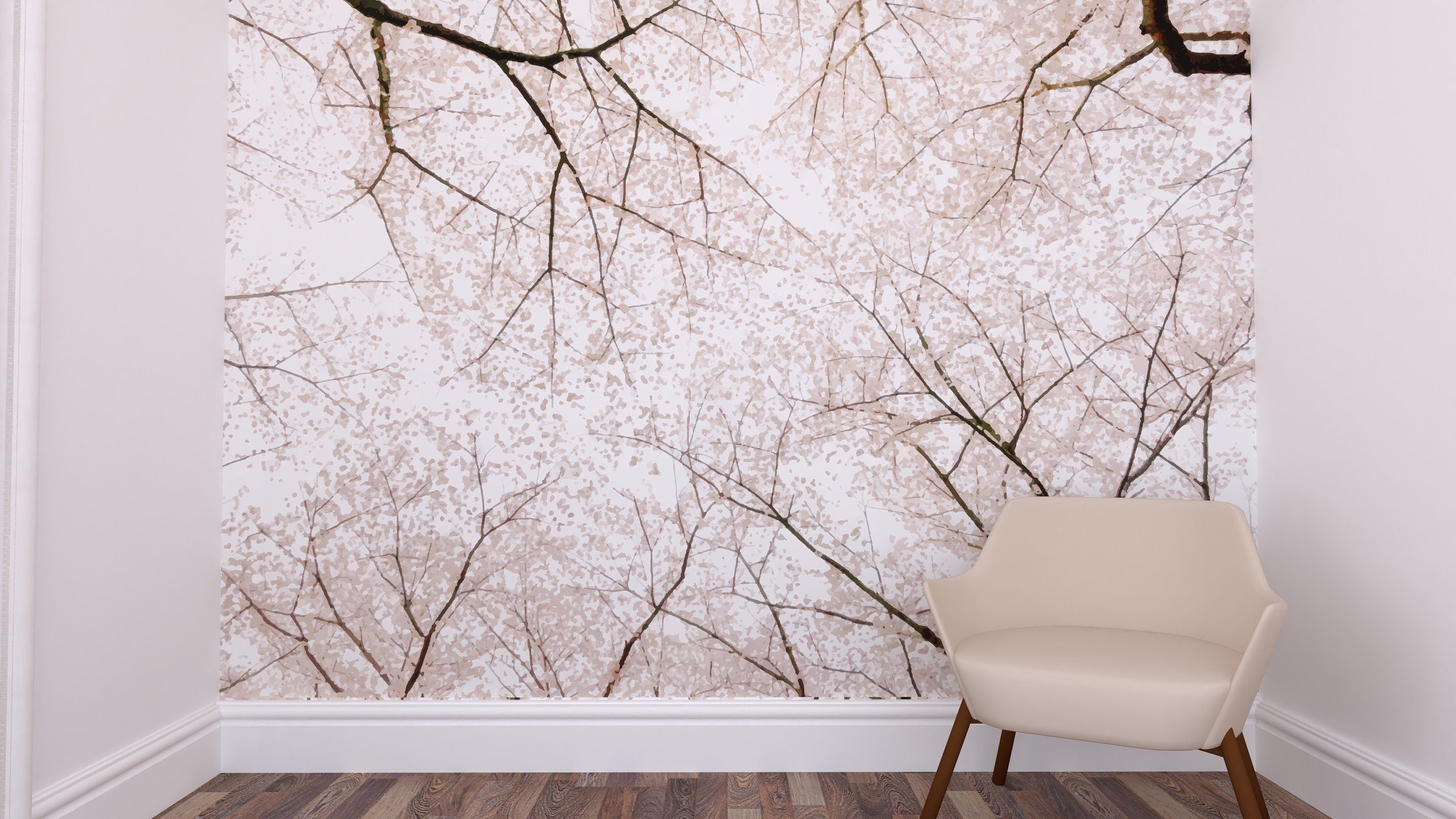 A beautiful cherry blossom mural showcasing vibrant pink flowers on a tree, perfect for home decor.