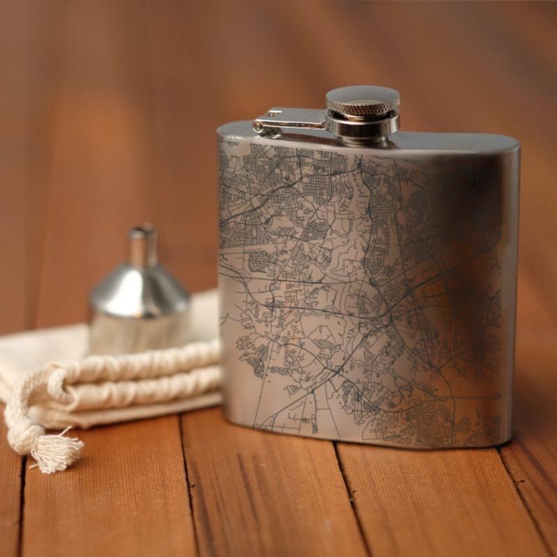 Custom engraved Chesapeake, Virginia map hip flask with canvas bag and funnel.