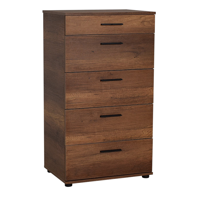 KRAMER Chest of Drawers in walnut finish, featuring five drawers and a reinforced melamine frame, dimensions 60x44x108 cm.
