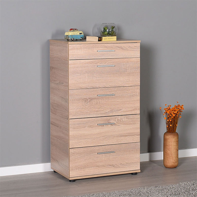 SAMANTHA Chest of Drawers in Sonoma color, featuring five drawers and a reinforced melamine frame, ideal for bedroom storage.