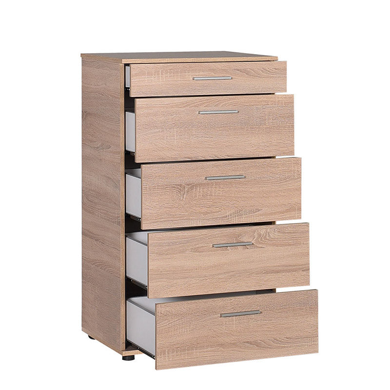 SAMANTHA Chest of Drawers in Sonoma color, featuring five drawers and a reinforced melamine frame, ideal for bedroom storage.