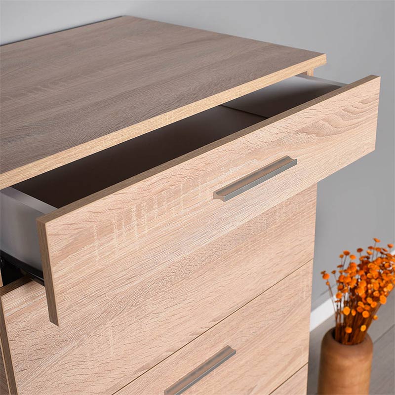 SAMANTHA Chest of Drawers in Sonoma color, featuring five drawers and a reinforced melamine frame, ideal for bedroom storage.