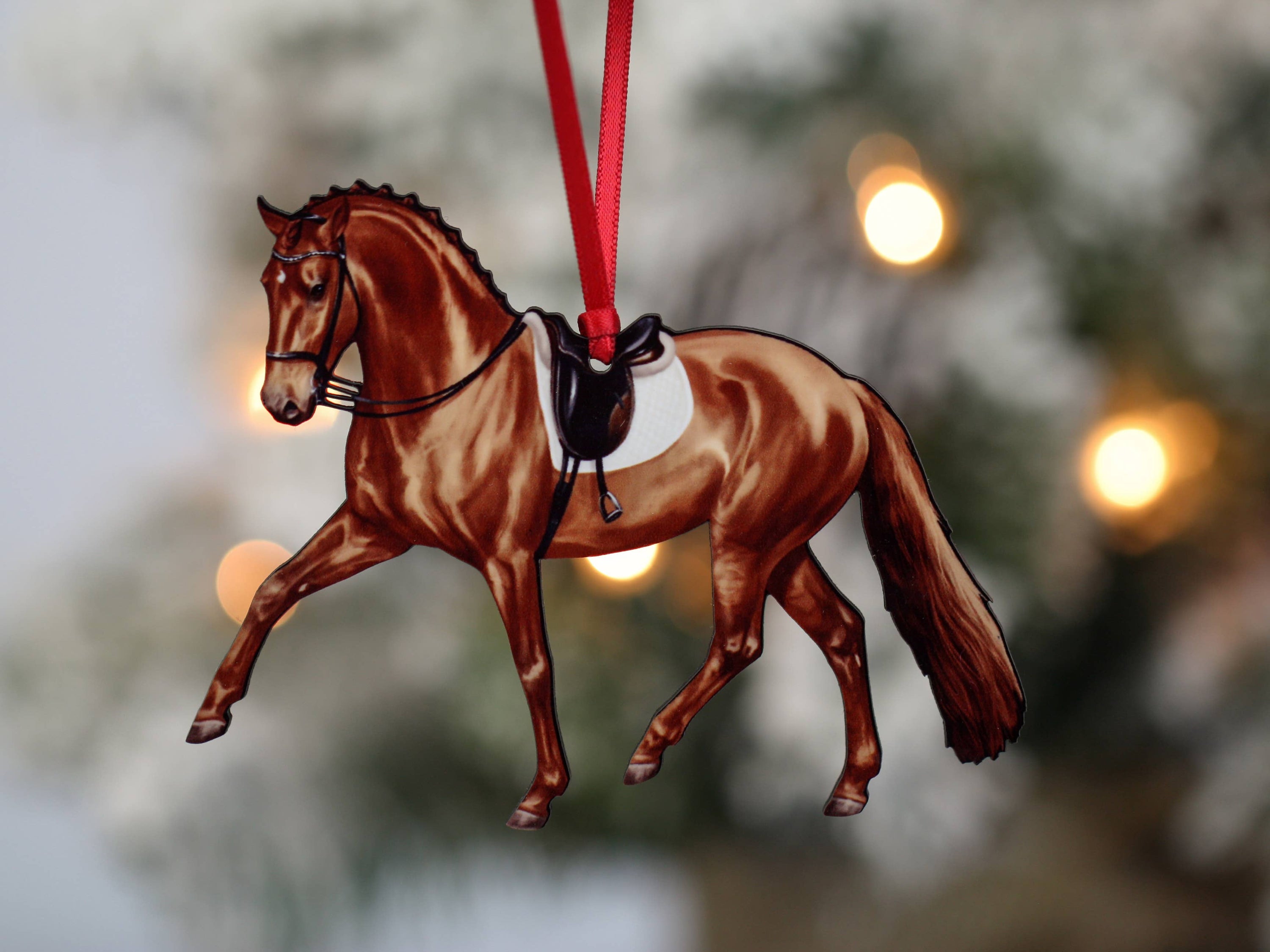 Chestnut Half Pass Dressage II Ornament showcasing a dressage horse in motion, handmade from composite wood with a glossy finish.
