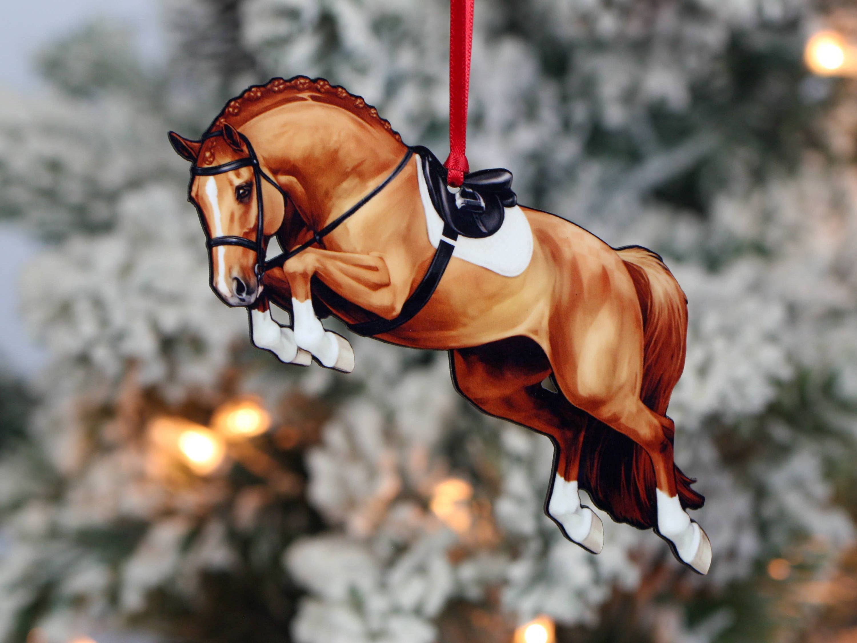 Chestnut Hunter Equestrian Decor Jumping Horse Ornament featuring a braided mane, made of composite wood, perfect for holiday decor.