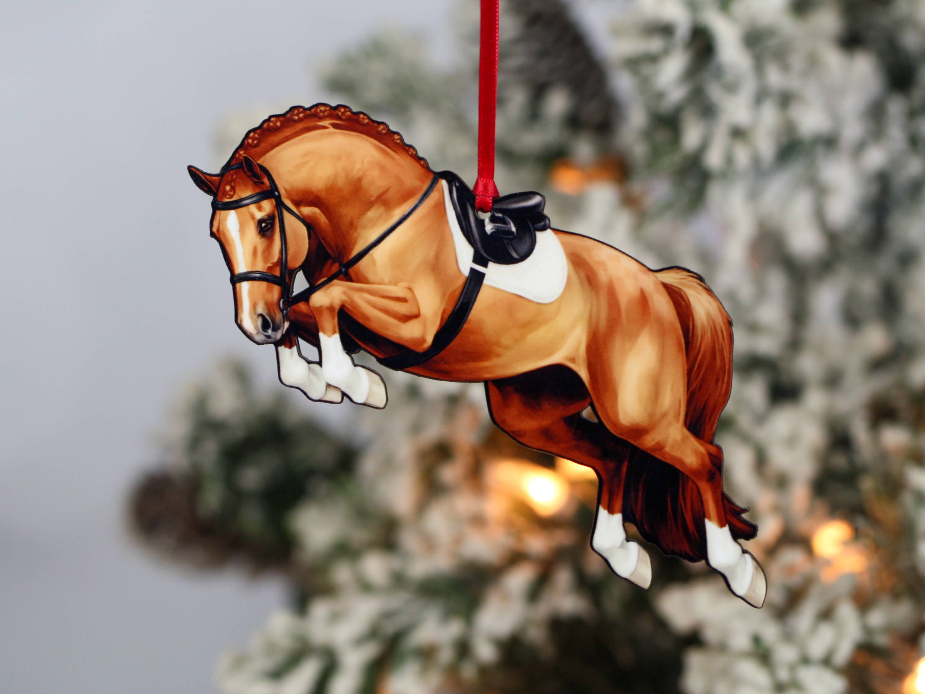 Chestnut Hunter Equestrian Decor Jumping Horse Ornament featuring a braided mane, made of composite wood, perfect for holiday decor.