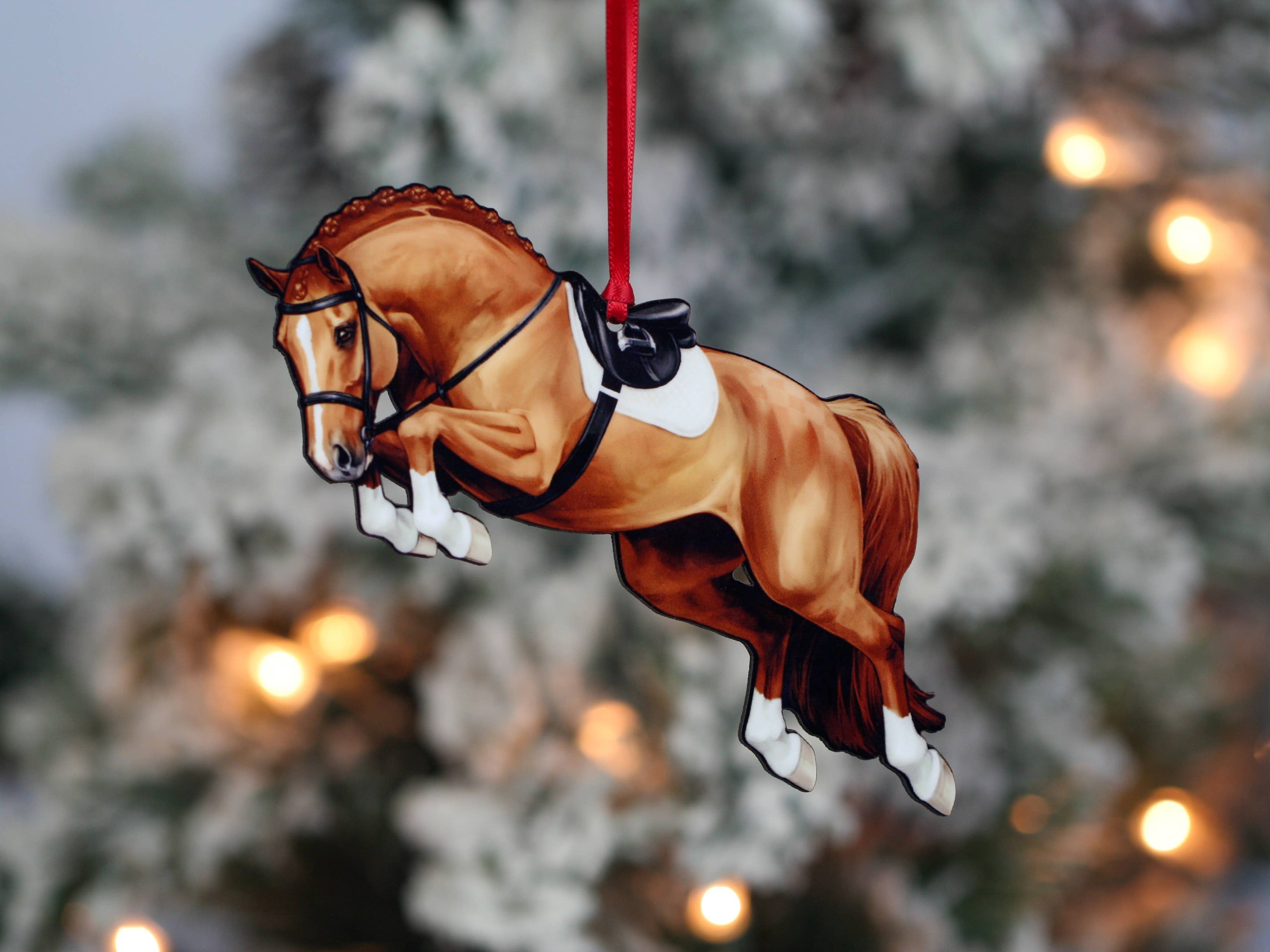 Chestnut Hunter Equestrian Decor Jumping Horse Ornament featuring a braided mane, made of composite wood, perfect for holiday decor.