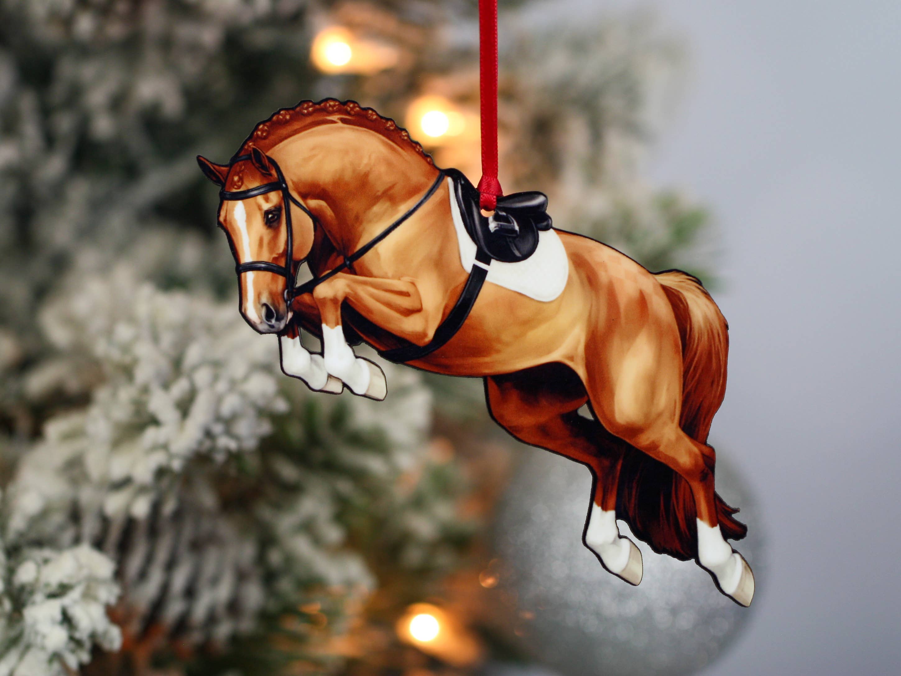 Chestnut Hunter Equestrian Decor Jumping Horse Ornament featuring a braided mane, made of composite wood, perfect for holiday decor.