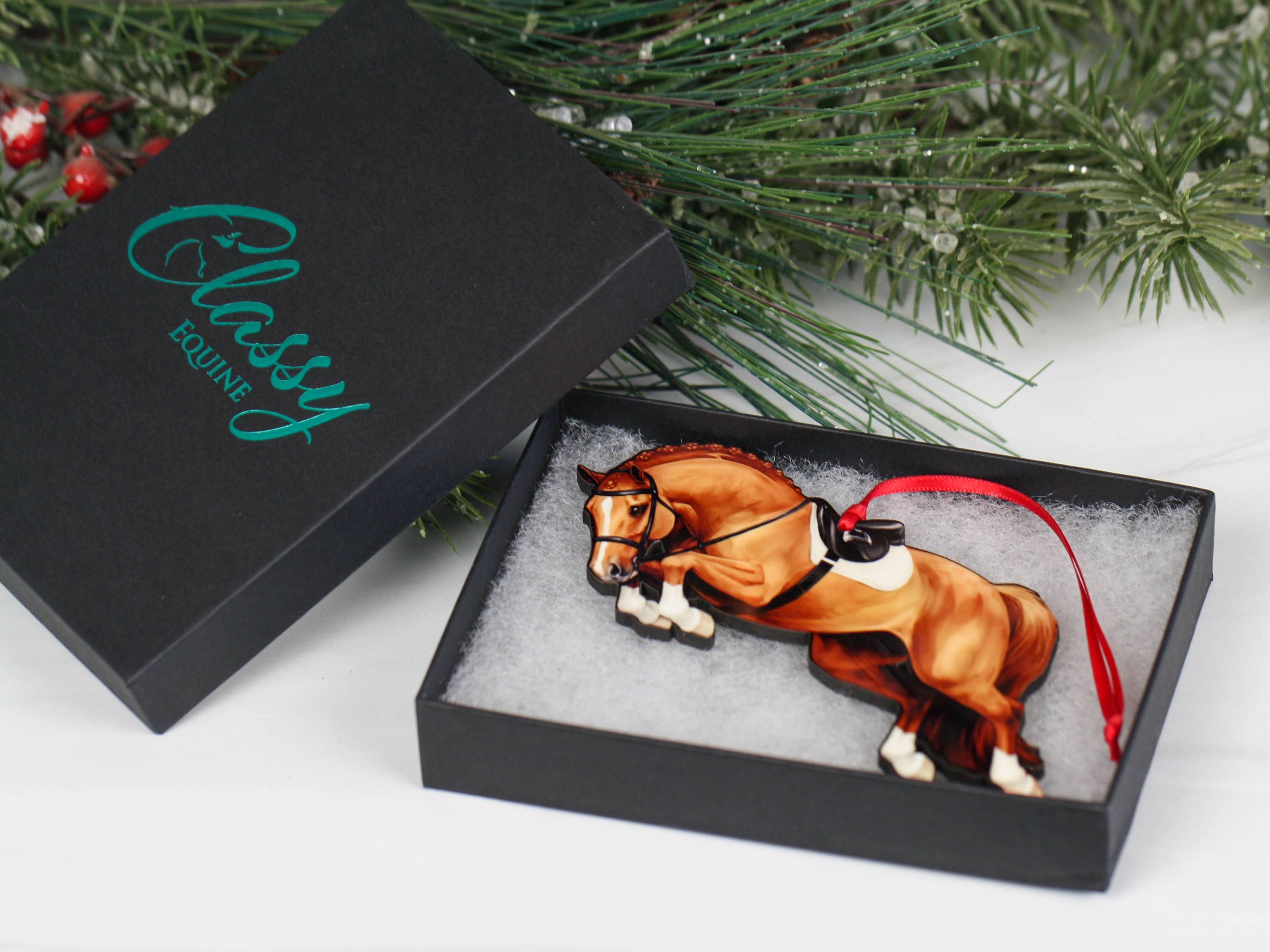 Chestnut Hunter Equestrian Decor Jumping Horse Ornament featuring a braided mane, made of composite wood, perfect for holiday decor.