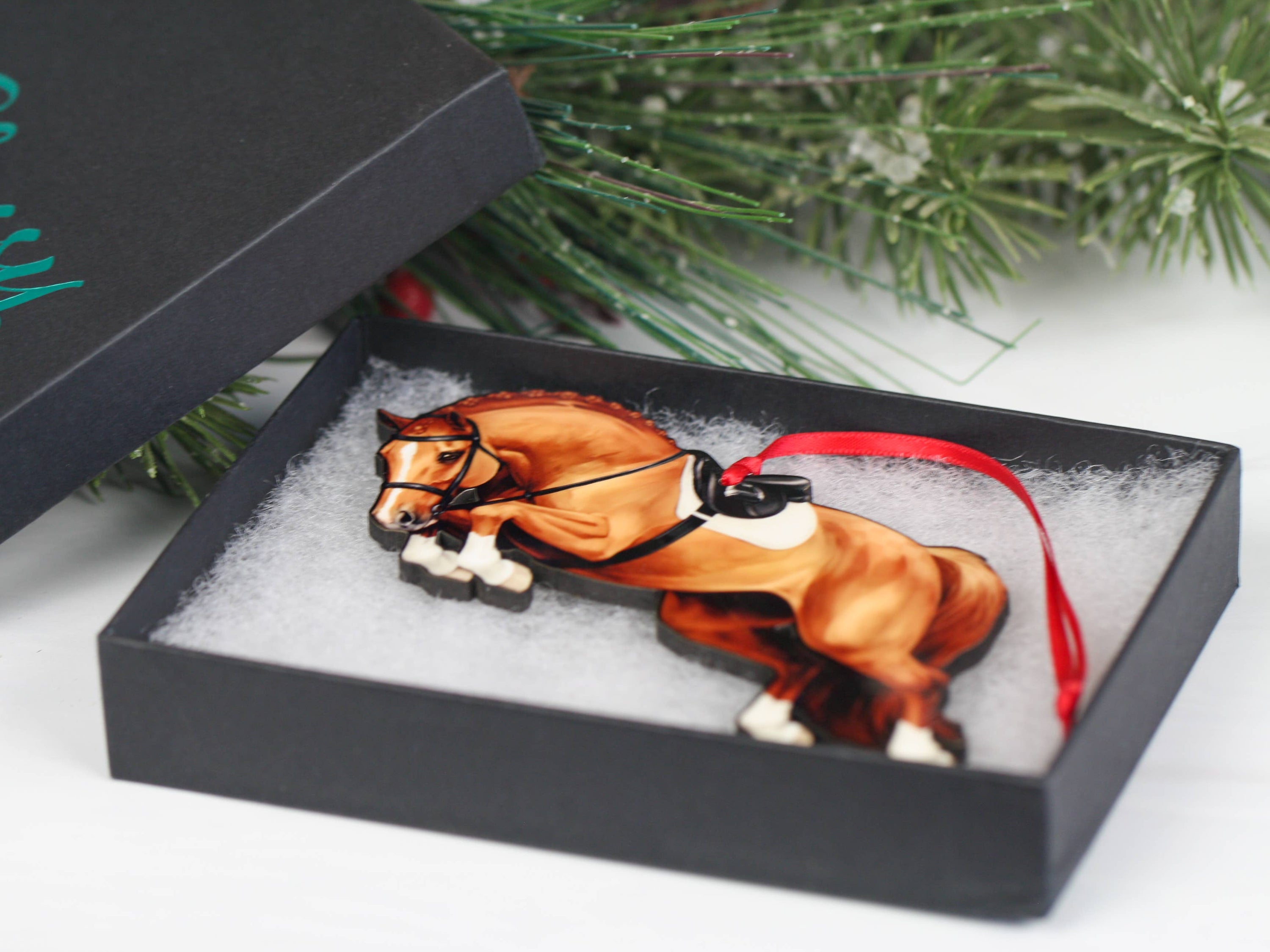 Chestnut Hunter Equestrian Decor Jumping Horse Ornament featuring a braided mane, made of composite wood, perfect for holiday decor.