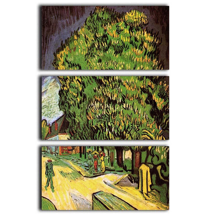 Three-panel canvas print of Van Gogh's Chestnut Trees in Blossom, showcasing vibrant colors and intricate details.