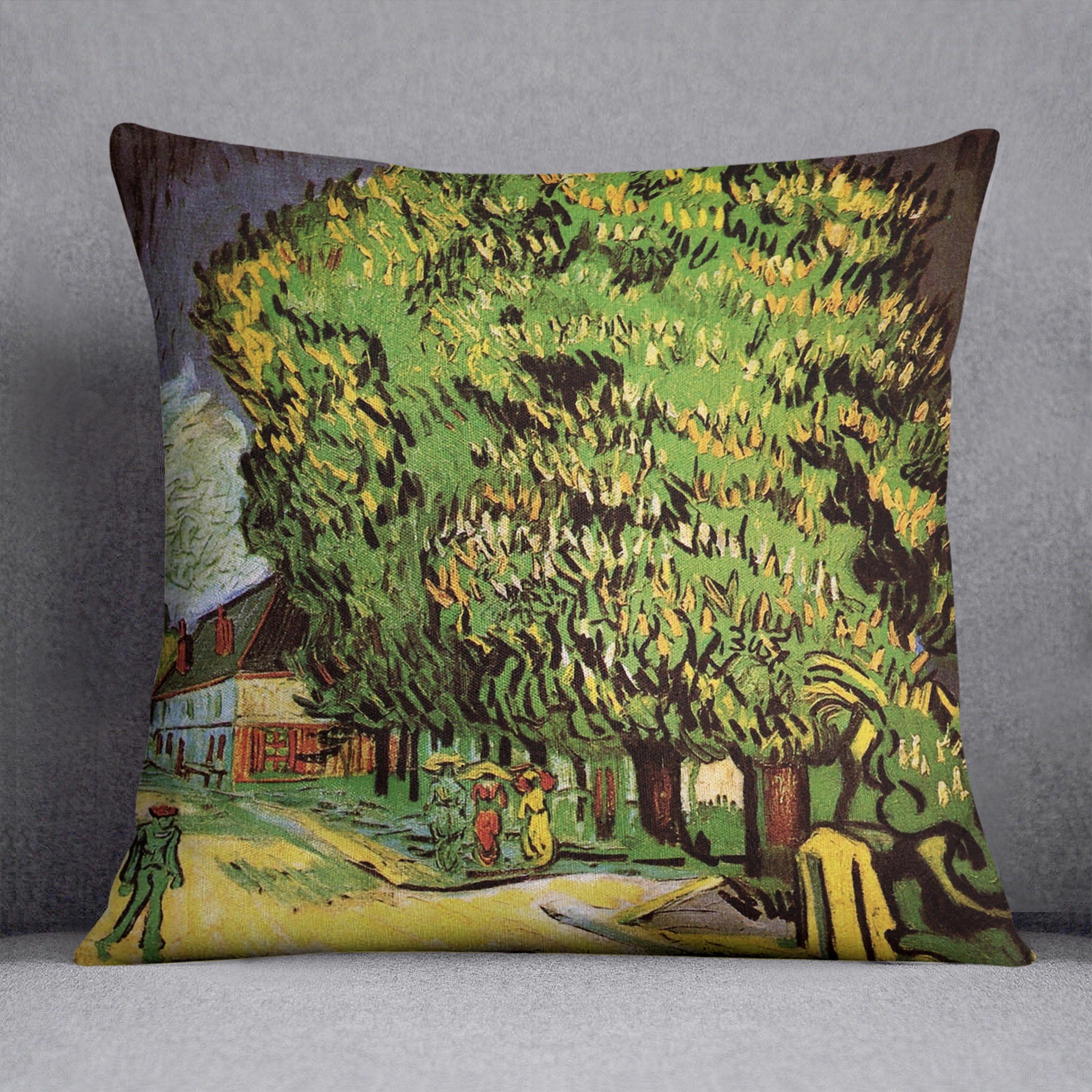 A vibrant cushion featuring Van Gogh's Chestnut Trees in Blossom artwork, made from luxurious vegan faux suede.