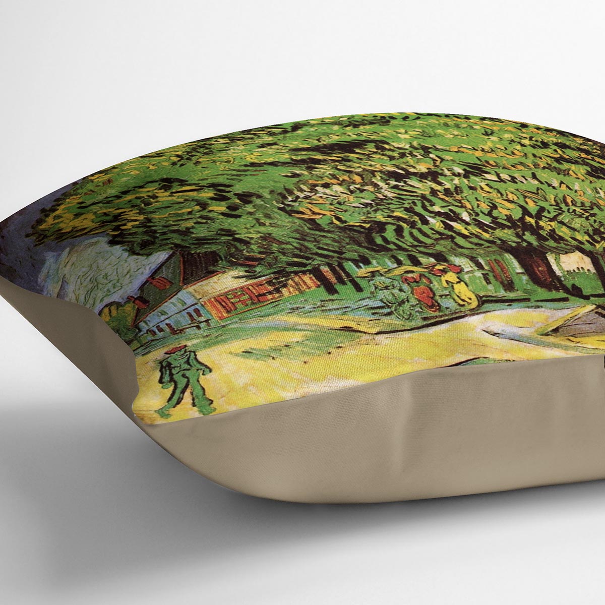 A vibrant cushion featuring Van Gogh's Chestnut Trees in Blossom artwork, made from luxurious vegan faux suede.