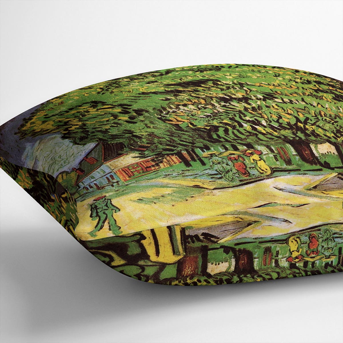 A vibrant cushion featuring Van Gogh's Chestnut Trees in Blossom artwork, made from luxurious vegan faux suede.