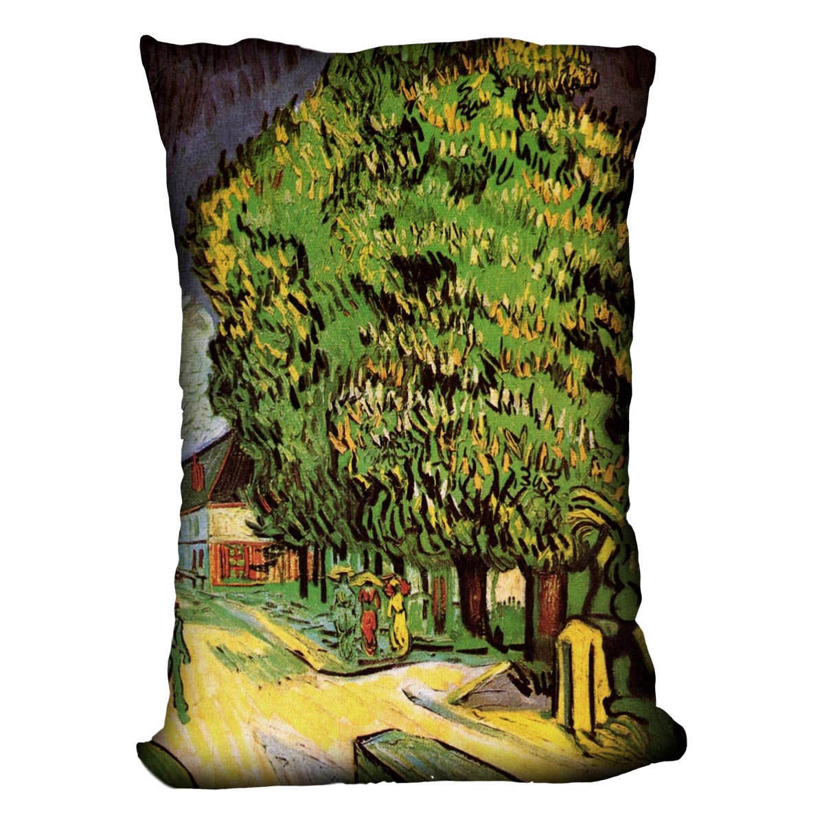 A vibrant cushion featuring Van Gogh's Chestnut Trees in Blossom artwork, made from luxurious vegan faux suede.