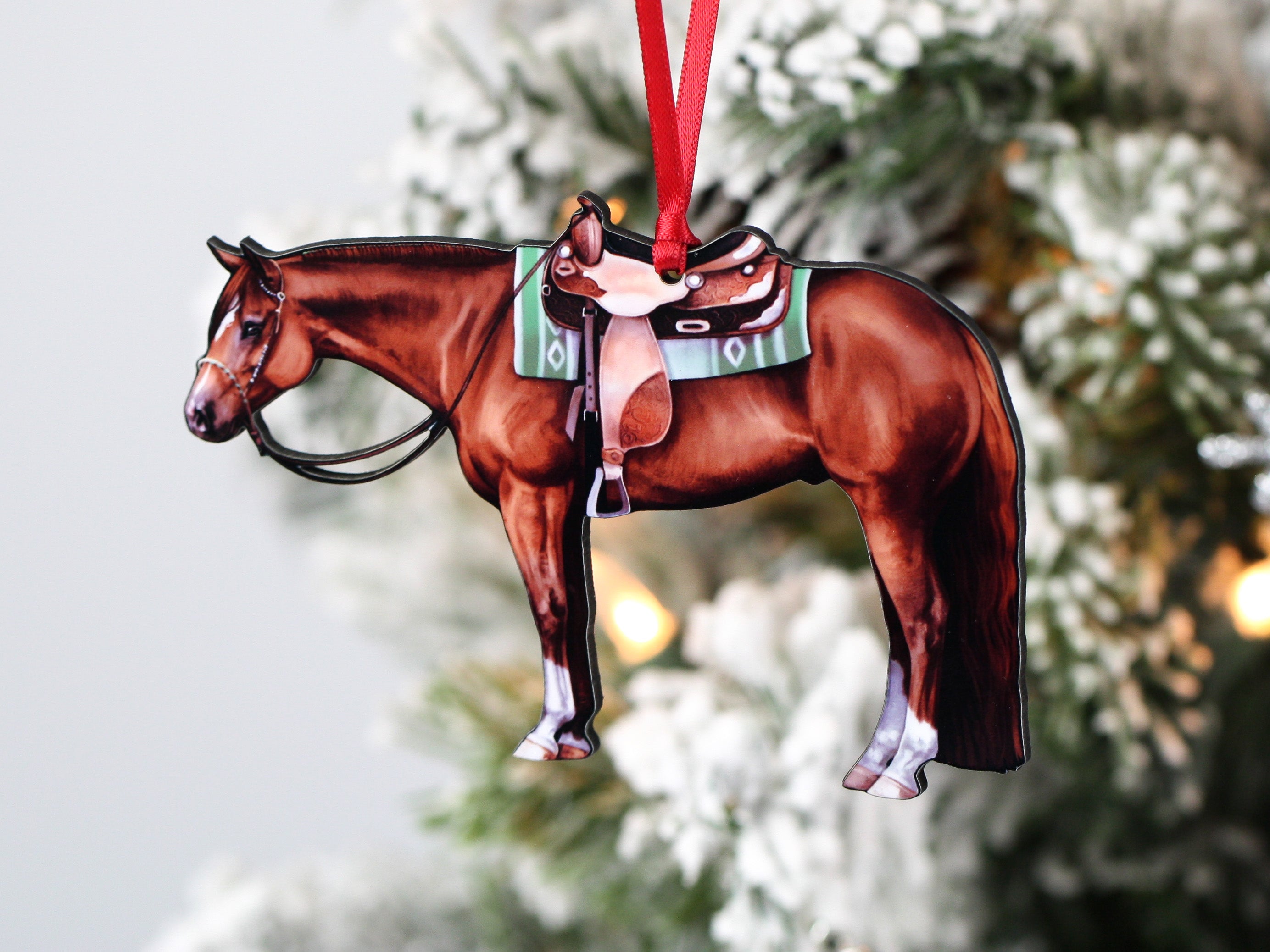 A beautifully crafted chestnut western Quarter Horse ornament made from composite wood, featuring intricate laser-cut details.