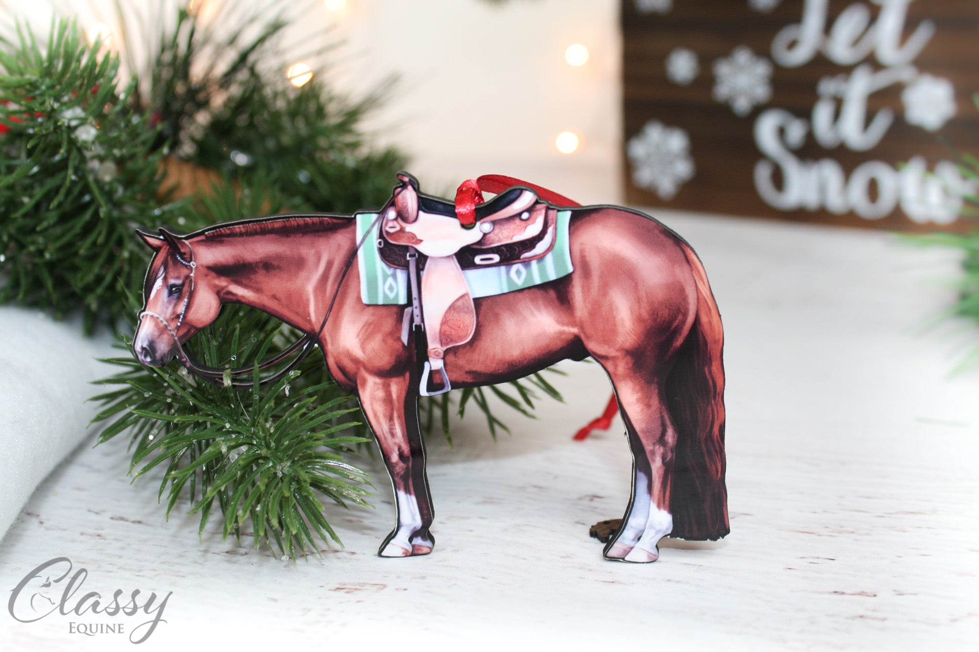 A beautifully crafted chestnut western Quarter Horse ornament made from composite wood, featuring intricate laser-cut details.