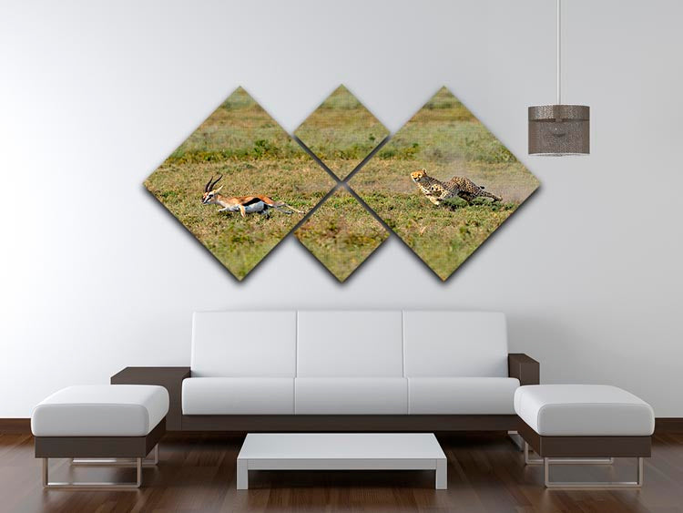 A stunning multi-panel canvas artwork depicting a cheetah in action, divided into four equal square sections, showcasing vibrant colors and dynamic movement.