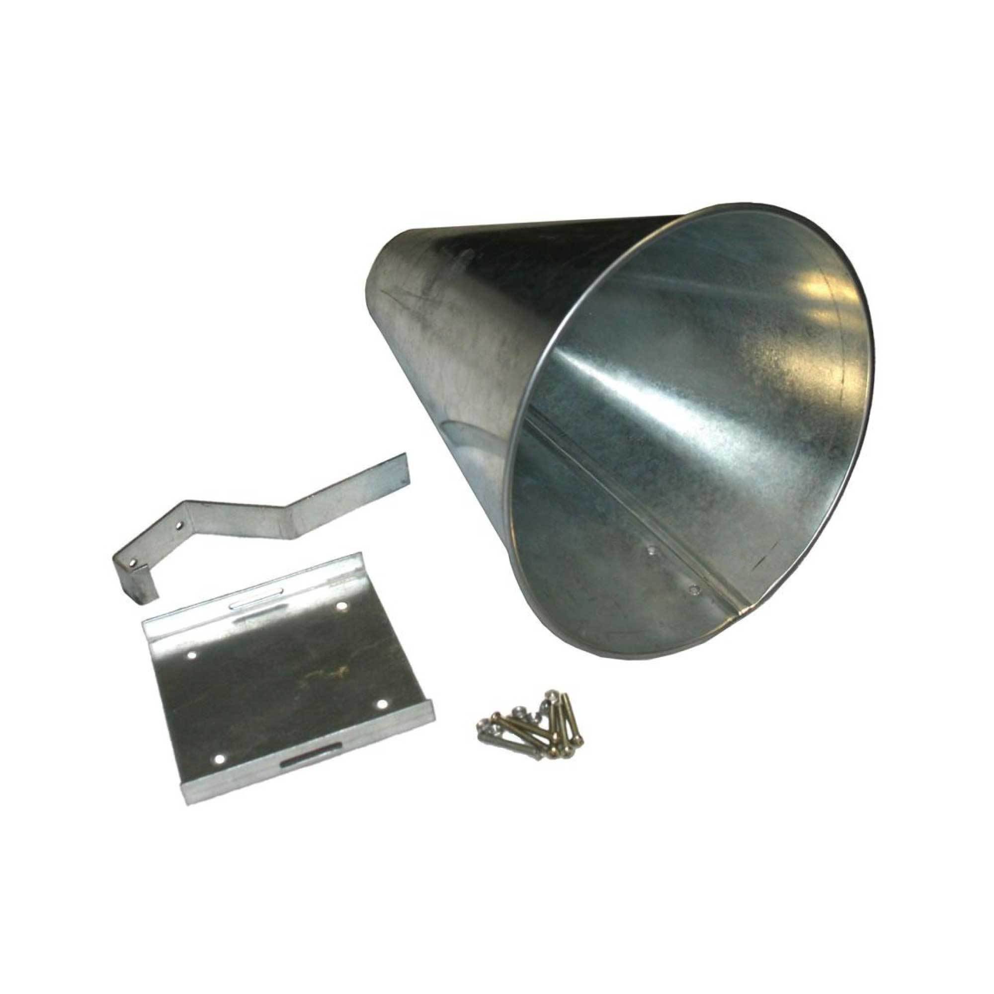 Chicken Kill Cone mounted on a wall, designed for humane poultry dispatching, made of galvanised steel with a sturdy construction.