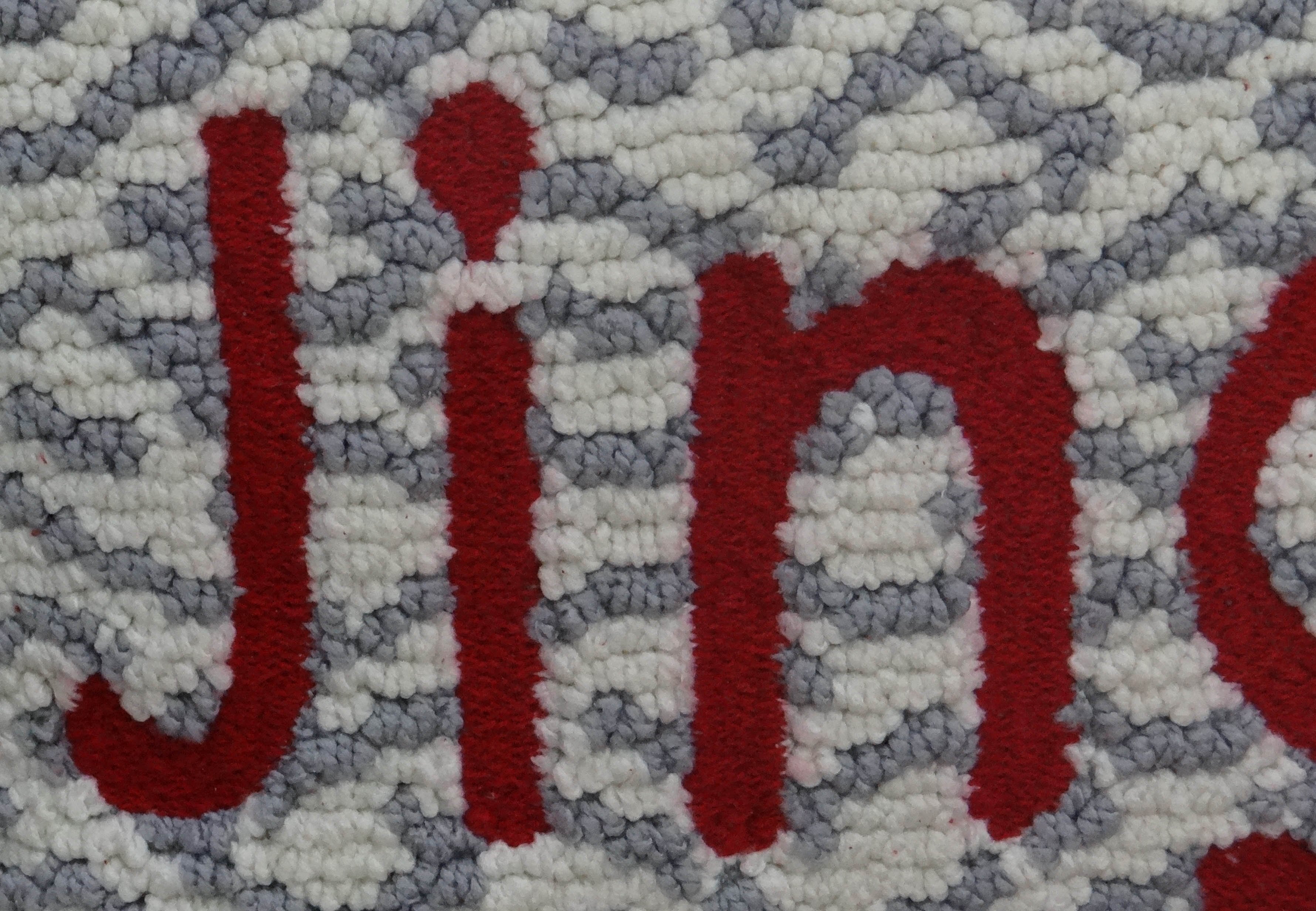 Chicos Home Jingle Decorative Cushion Cover in red and white with embroidered text, perfect for Christmas decor.