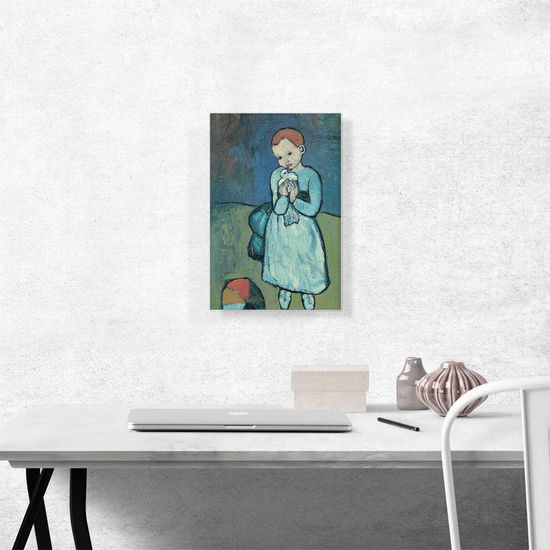 A beautiful canvas art piece depicting a child holding a dove, symbolizing peace and innocence, perfect for home decor.