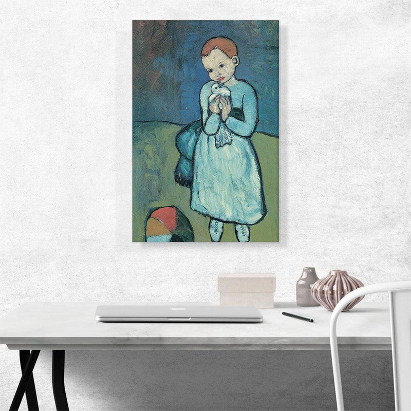 A beautiful canvas art piece depicting a child holding a dove, symbolizing peace and innocence, perfect for home decor.
