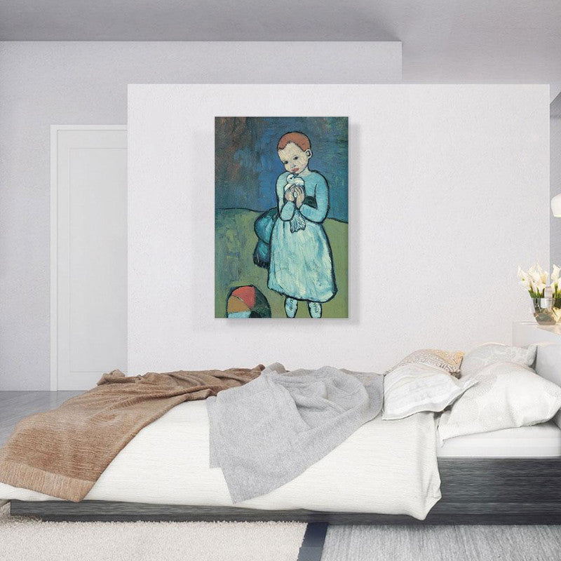 A beautiful canvas art piece depicting a child holding a dove, symbolizing peace and innocence, perfect for home decor.