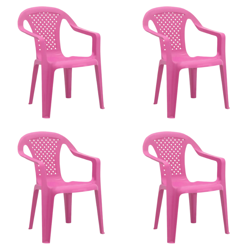 Set of four PINK PANTHER children's garden chairs in vibrant pink, made of durable polypropylene, perfect for indoor and outdoor use.