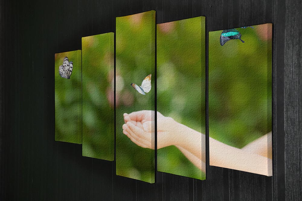 A vibrant 5-split panel canvas artwork featuring children's hands reaching towards a colorful butterfly, perfect for children's rooms.