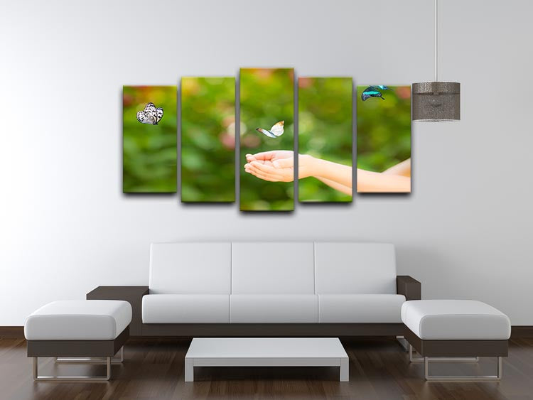 A vibrant 5-split panel canvas artwork featuring children's hands reaching towards a colorful butterfly, perfect for children's rooms.