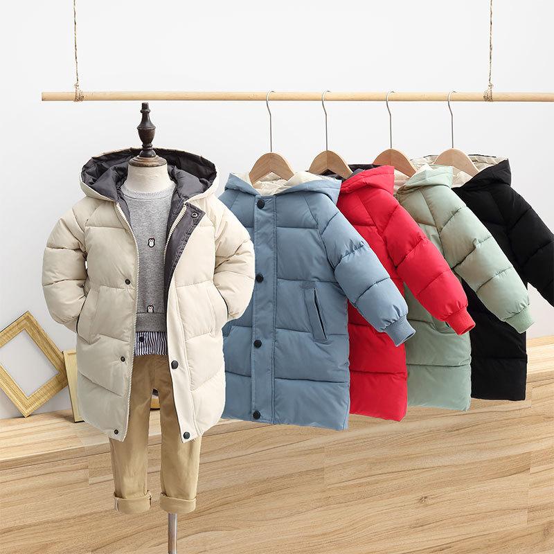 Children's Down Coat in various colors, featuring a hooded collar and solid design, perfect for winter wear.