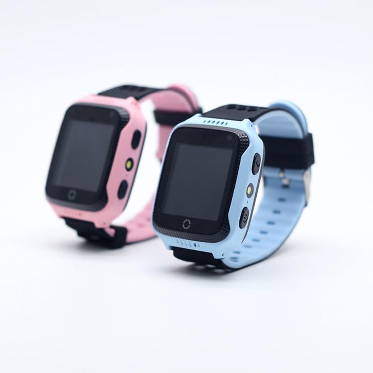 Child's GPS Locator Tracker Smart Watch in red and blue colors with a touch screen and various features for safety and learning.