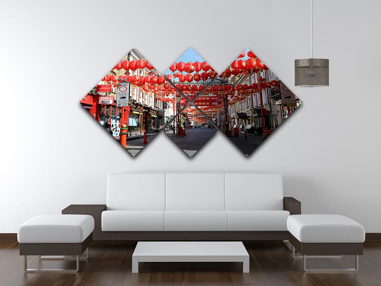 A 4-square multi panel canvas artwork depicting Chinatown London during lockdown in 2020, showcasing vibrant colors and intricate details.