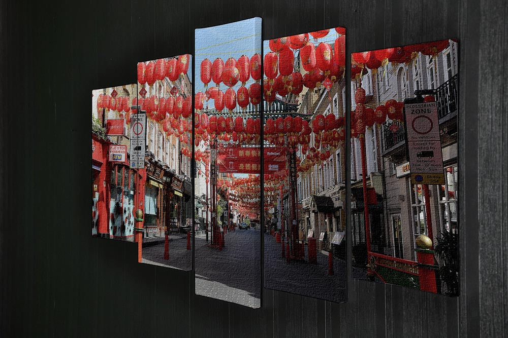 A beautiful 5 split panel canvas artwork depicting Chinatown London during lockdown in 2020, showcasing vibrant colors and intricate details.