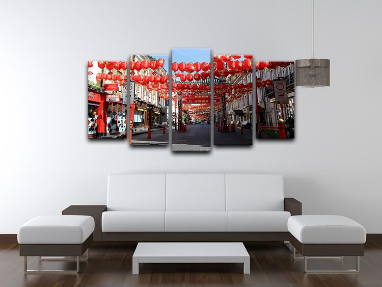 A beautiful 5 split panel canvas artwork depicting Chinatown London during lockdown in 2020, showcasing vibrant colors and intricate details.