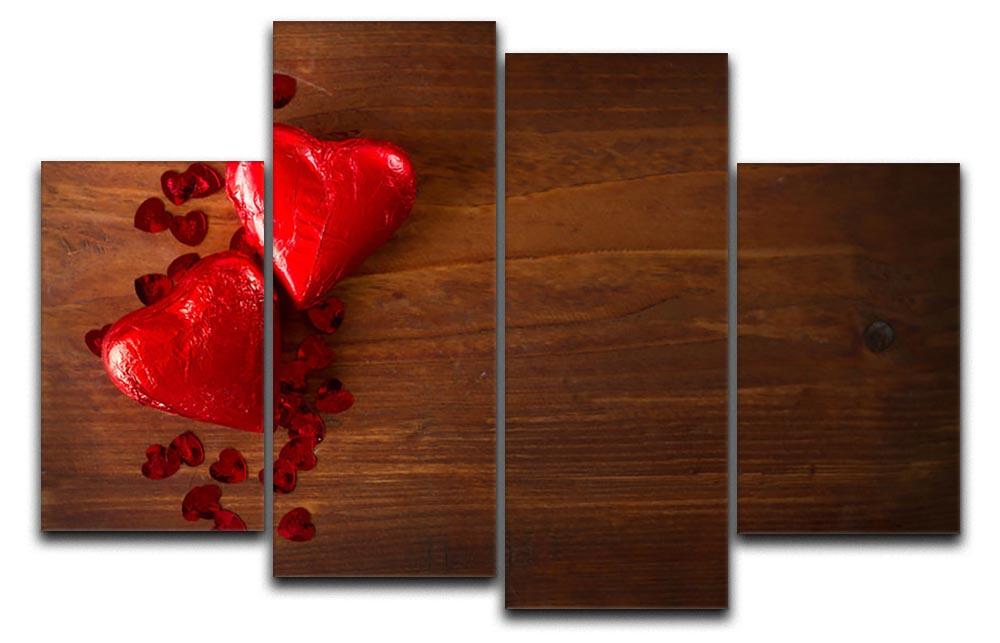 A beautiful 4 split panel canvas featuring chocolate hearts on a wooden board, showcasing a warm and inviting design.