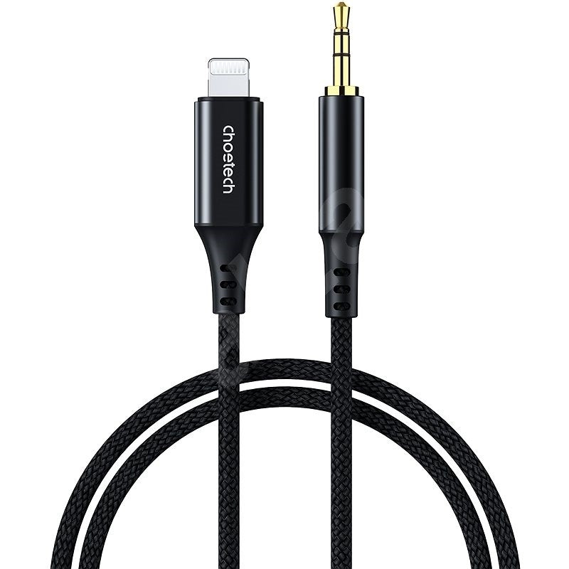 CHOETECH AUX007 8-pin to 3.5mm Male Audio Cable for iPhone in black, showcasing its connectors and durable design.