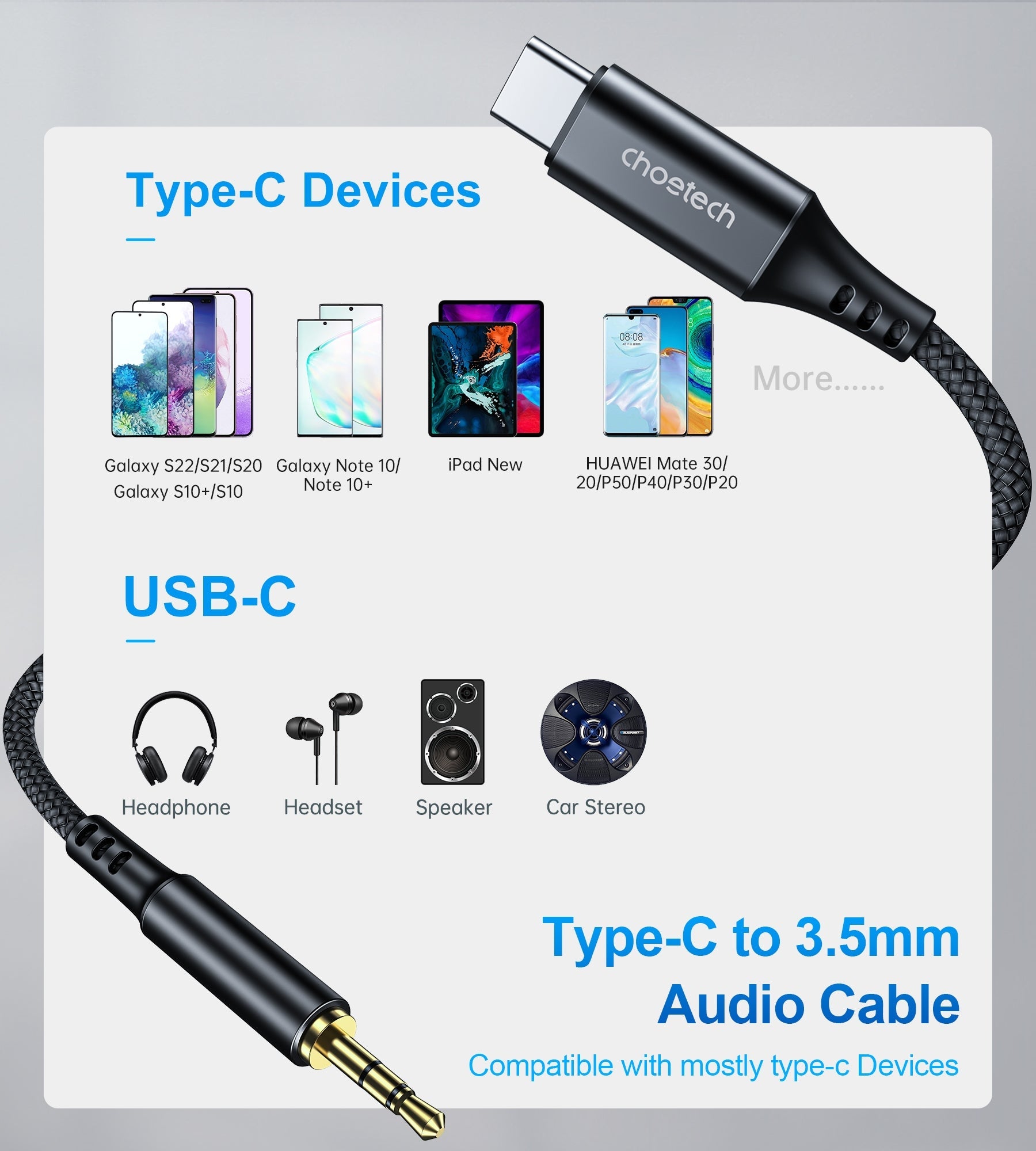 CHOETECH AUX008 Type-C to 3.5mm Audio Cable, 2 meters long, featuring a durable nylon-braided design and advanced DAC chip for high-quality audio.