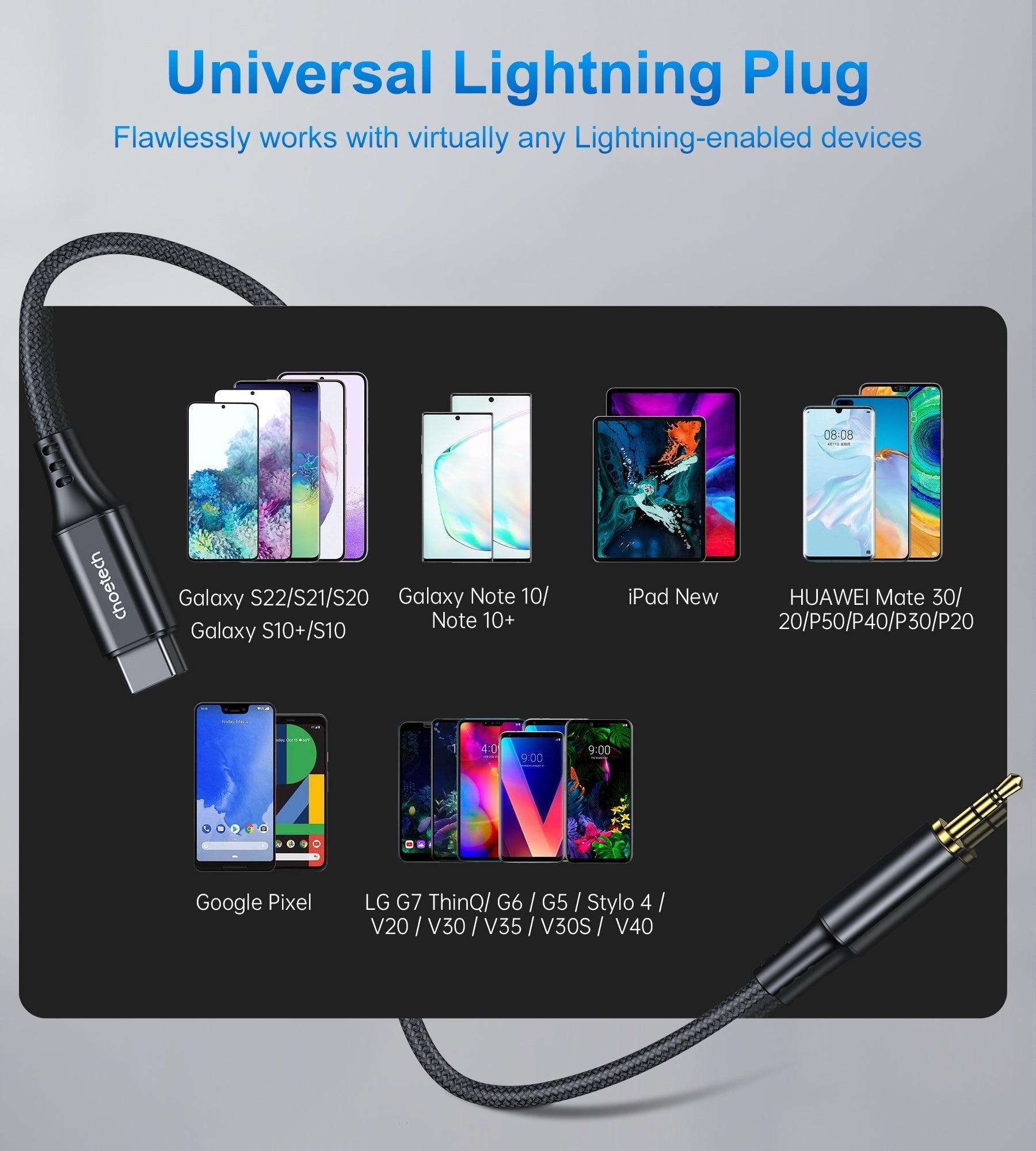 CHOETECH AUX008 Type-C to 3.5mm Audio Cable, 2 meters long, featuring a durable nylon-braided design and advanced DAC chip for high-quality audio.