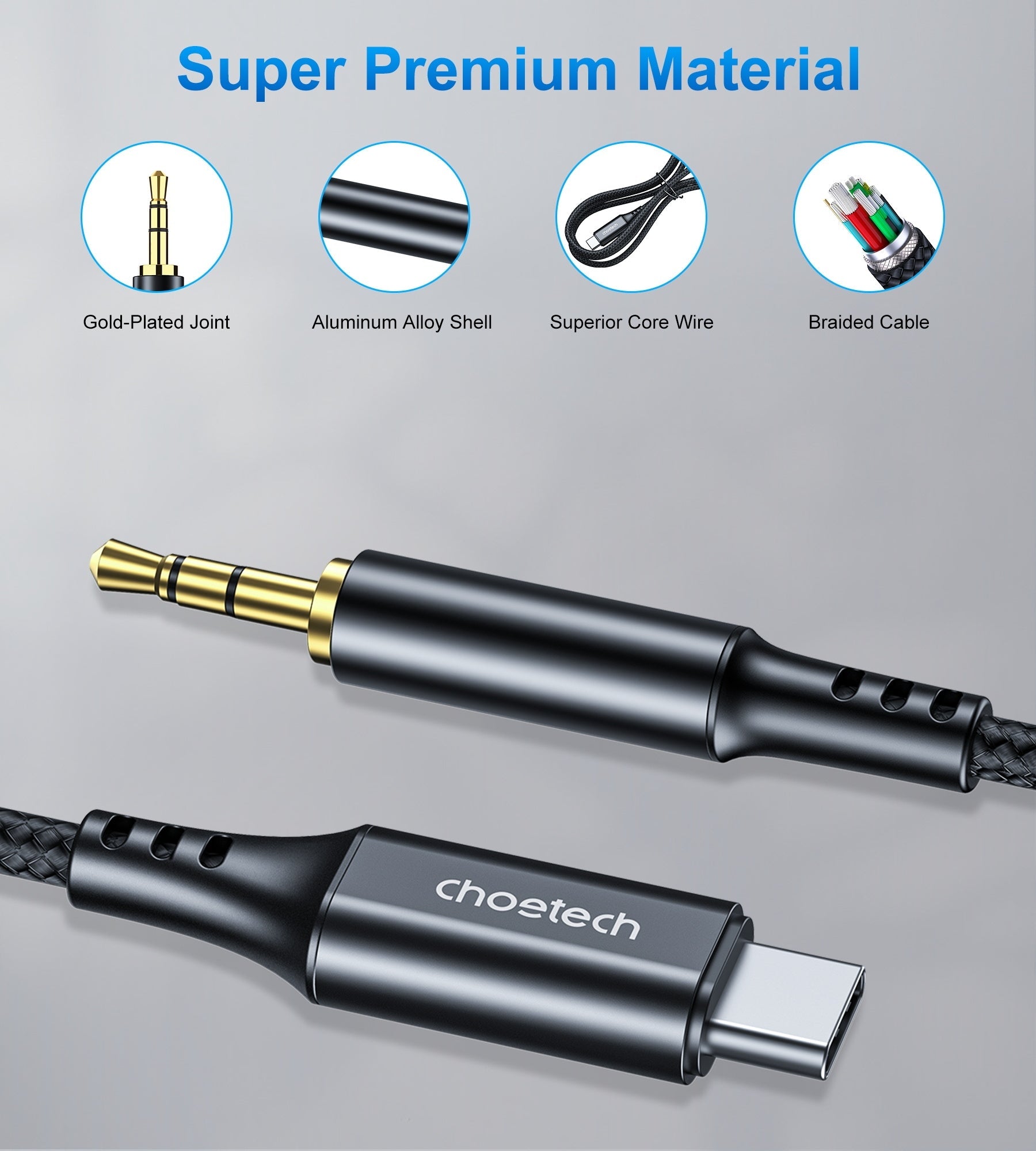 CHOETECH AUX008 Type-C to 3.5mm Audio Cable, 2 meters long, featuring a durable nylon-braided design and advanced DAC chip for high-quality audio.