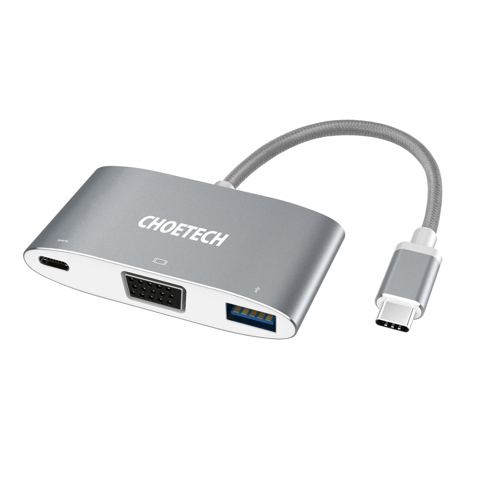 CHOETECH HUB-V02 USB-C to VGA & USB Multiport Adapter with aluminum housing, showcasing its ports and compact design.
