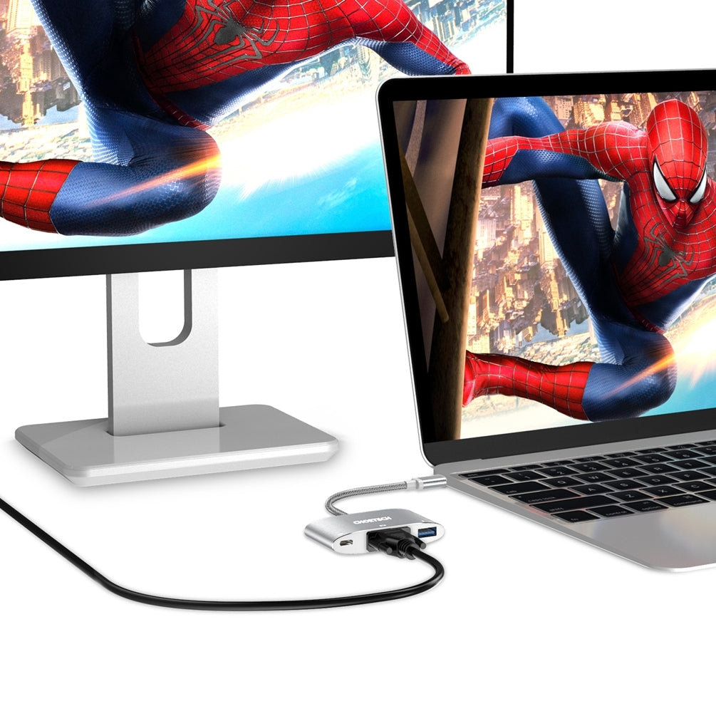 CHOETECH HUB-V02 USB-C to VGA & USB Multiport Adapter with aluminum housing, showcasing its ports and compact design.