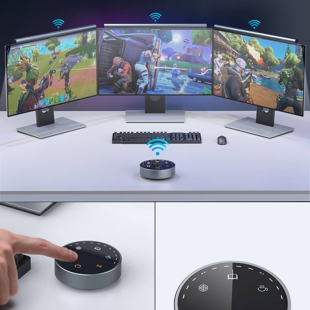 CHOETECH MIX-E1129 Wireless Controlled LED Lamp mounted on a monitor, providing soft diffused light for desk work.