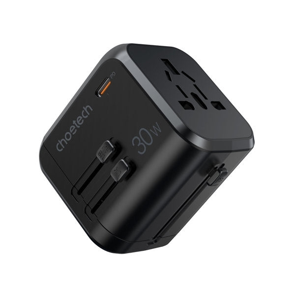 CHOETECH PD5008 30W Fast Universal GaN Travel Charger with multiple regional plugs and USB ports for efficient charging.