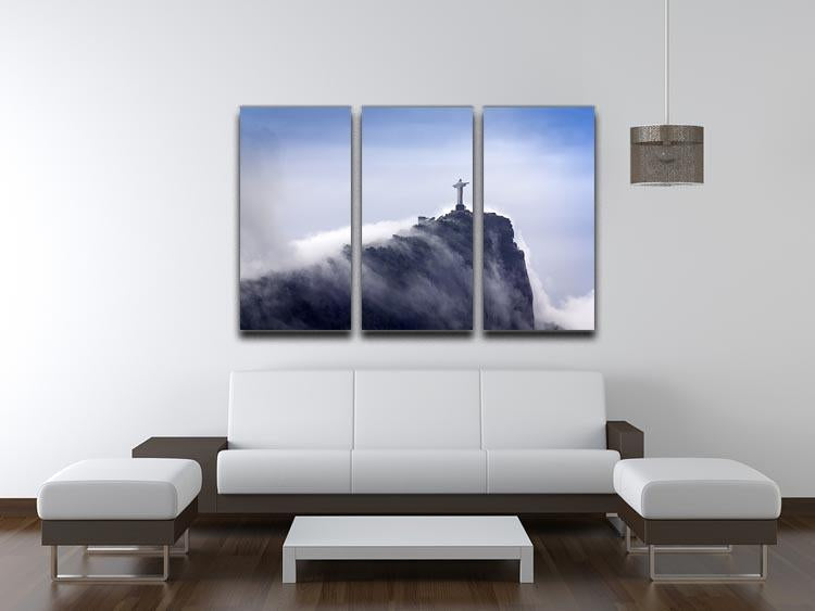 A beautiful 3-panel canvas print featuring Christ the Redeemer surrounded by clouds, ideal for home decor.