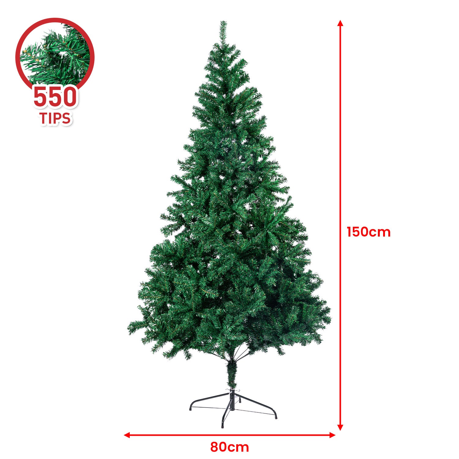Christabelle Green Christmas Tree 1.5m with abundant foliage and sturdy metal base, perfect for holiday decorations.