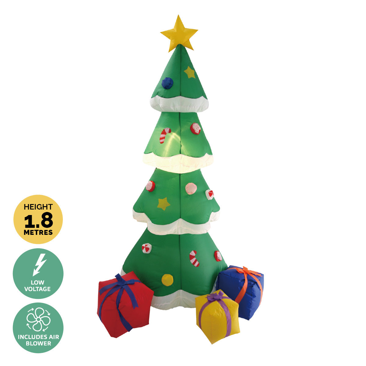 A vibrant 1.8m self-inflatable Christmas tree with LED lights and colorful gift boxes, perfect for outdoor festive decoration.