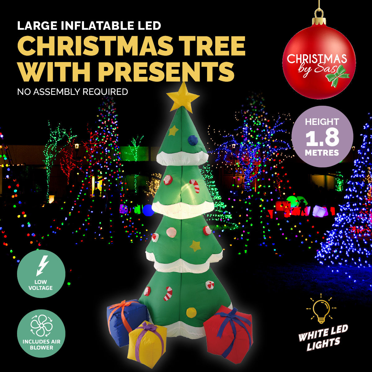 A vibrant 1.8m self-inflatable Christmas tree with LED lights and colorful gift boxes, perfect for outdoor festive decoration.